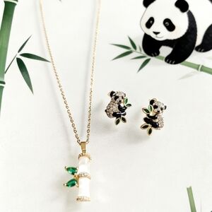 Luxury Panda & Bamboo Jewelry Set Cat's Eye Stone Necklace & Earrings